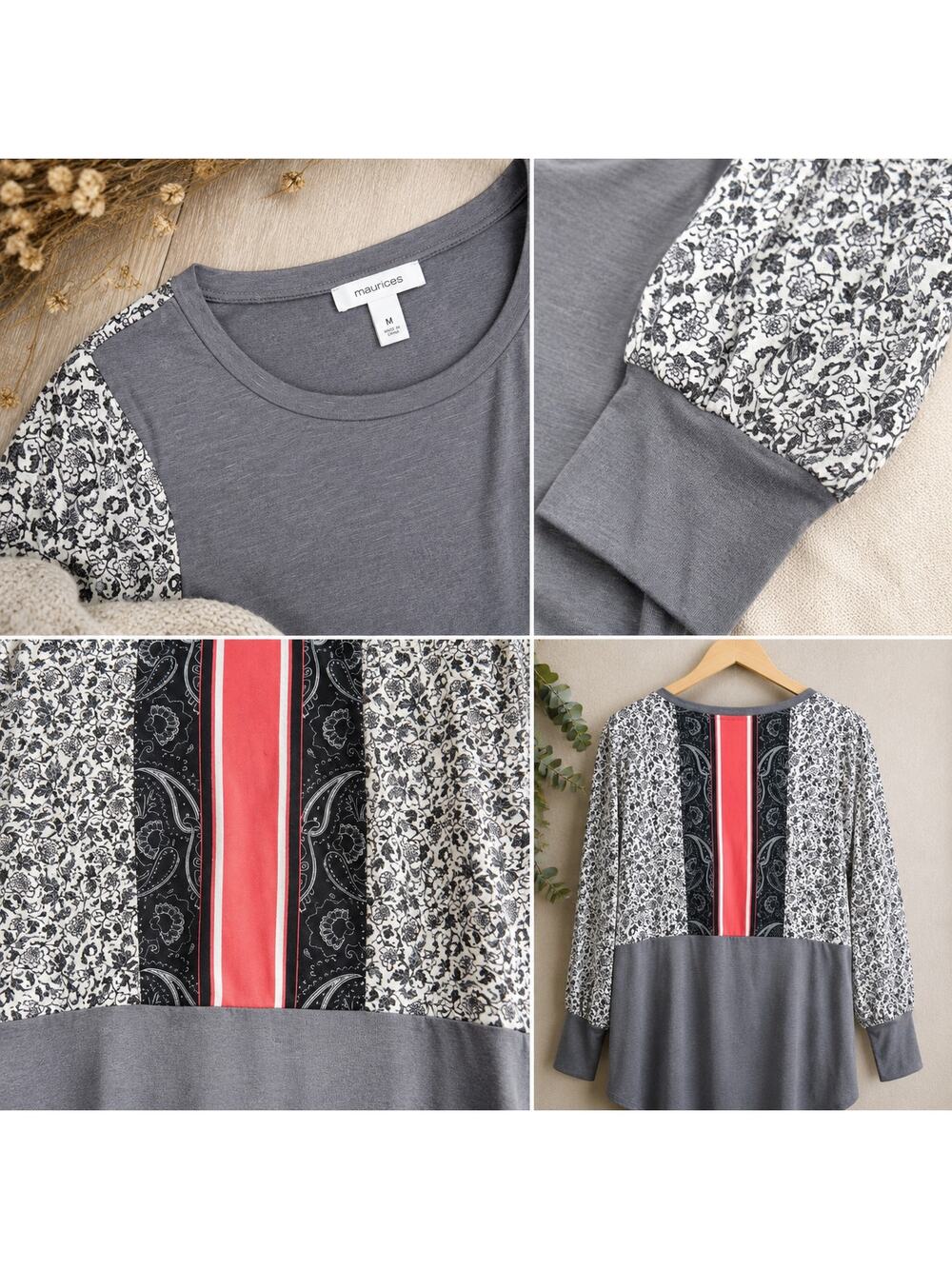 Maurices Mixed Print Long Sleeve Tunic Top Gray Floral Medium